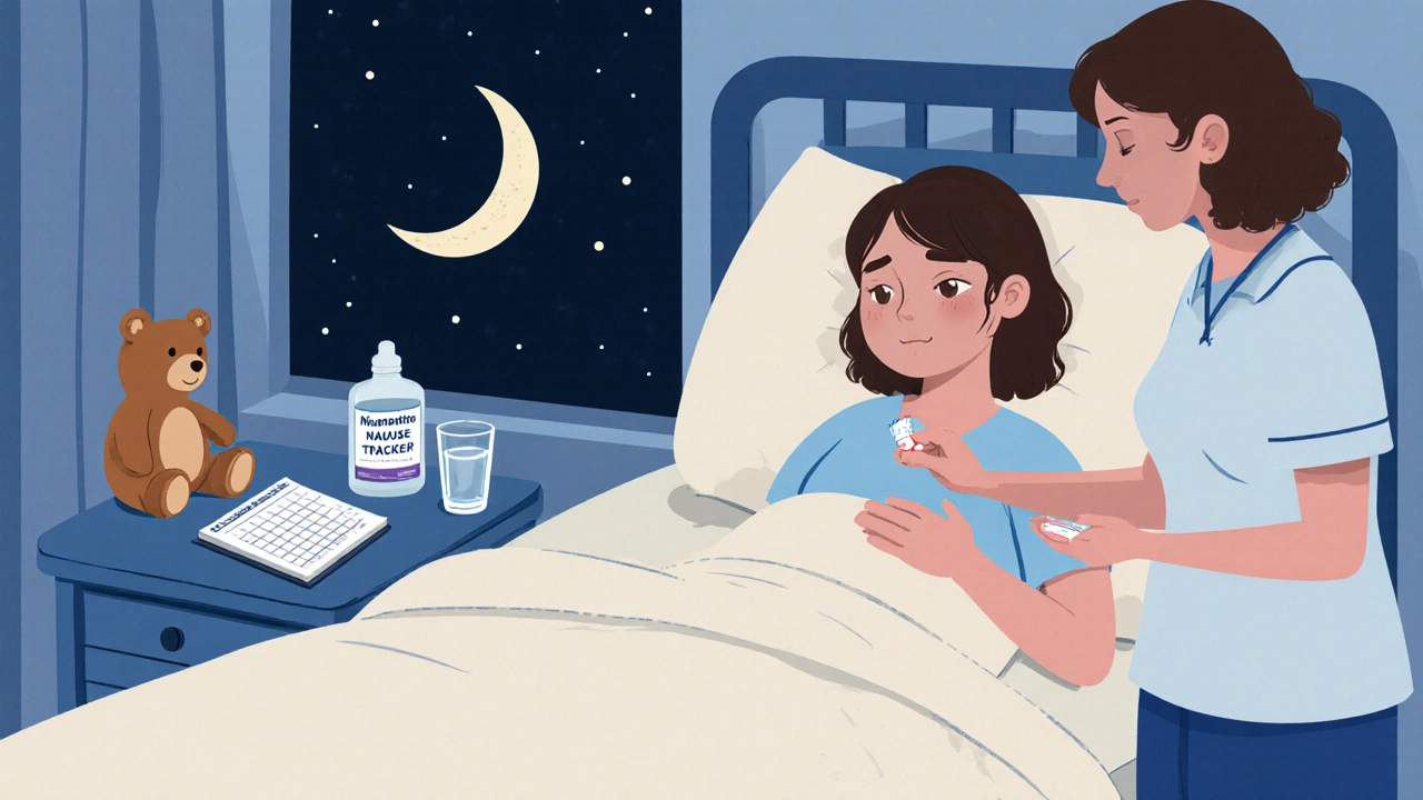 A pregnant woman in bed at night receiving a pill from a nurse, with calming nighttime elements.