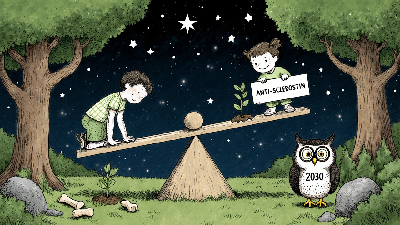 A seesaw balancing bone destruction and bone repair in a magical marrow forest, with child-like scientists and a wise owl watching under stars.