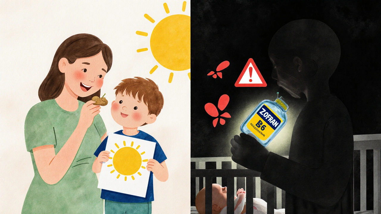 A split illustration showing safe pregnancy nausea treatments on one side and risky ones with warning symbols on the other.