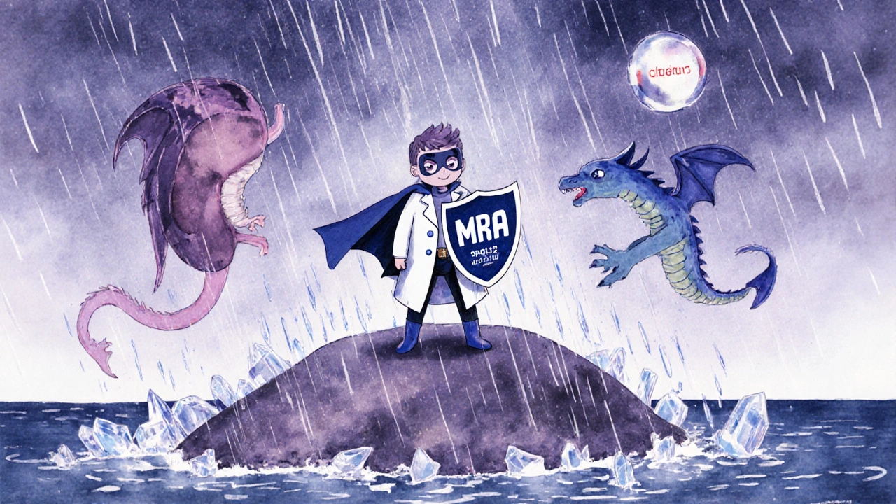 A tiny superhero protects potassium on a kidney island, fighting diuretic rain with an MRA shield, in whimsical storybook art.