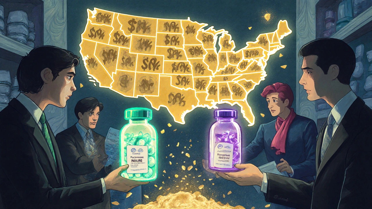 Biosimilars being handed to patients while pay-for-delay contracts crumble, with savings radiating across a U.S. map.