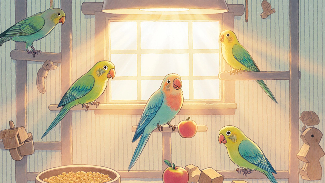 Birds with new feathers living peacefully in a well-equipped aviary under warm sunlight.