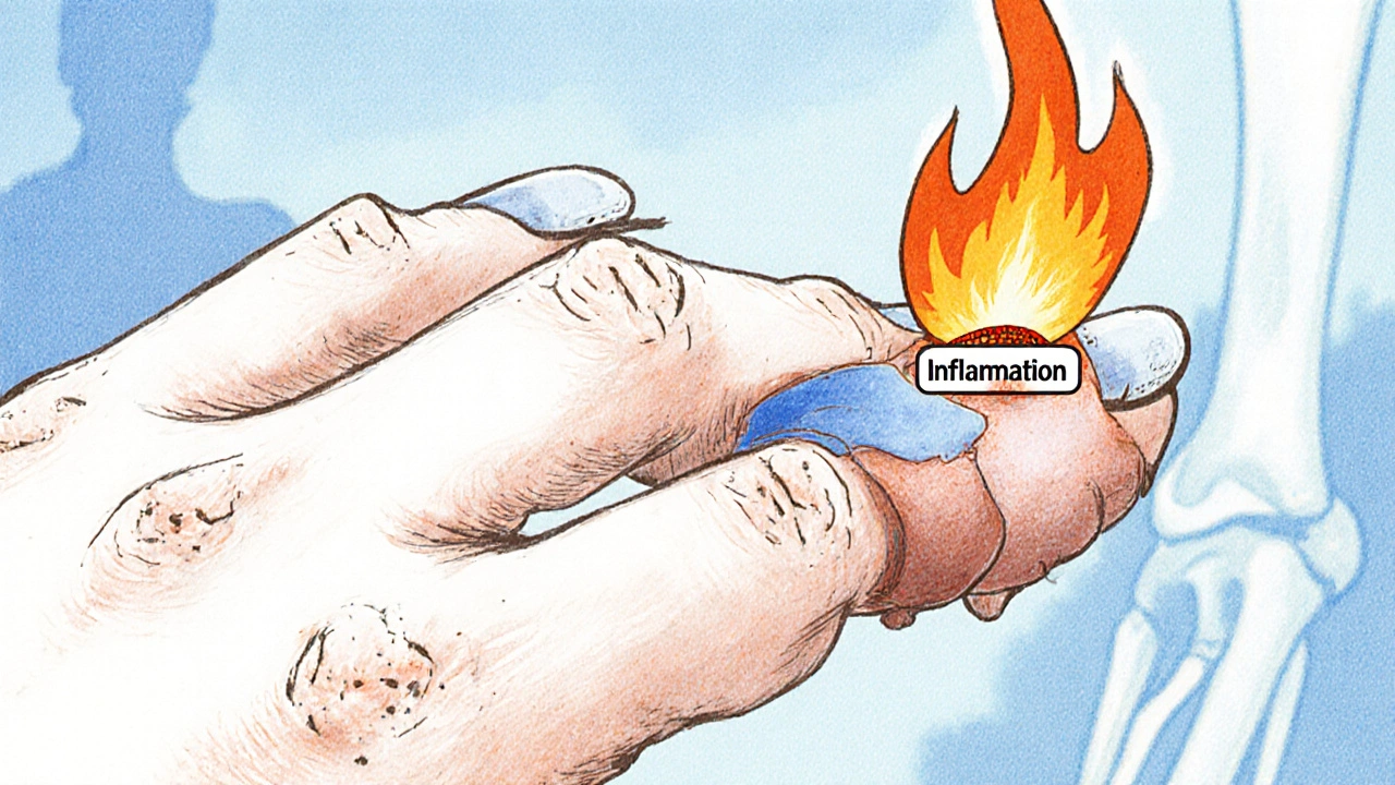 Close-up of a hand with nail changes and swollen joint, with a small flame symbolizing inflammation affecting both skin and bone.