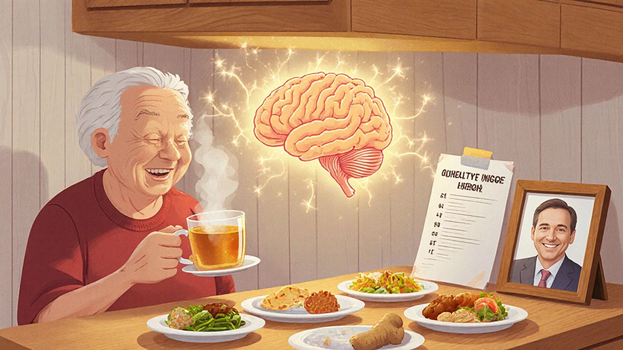 Elderly patient eating small meals and drinking ginger tea, brain above glowing with healthy fireflies, safe medication list on counter.