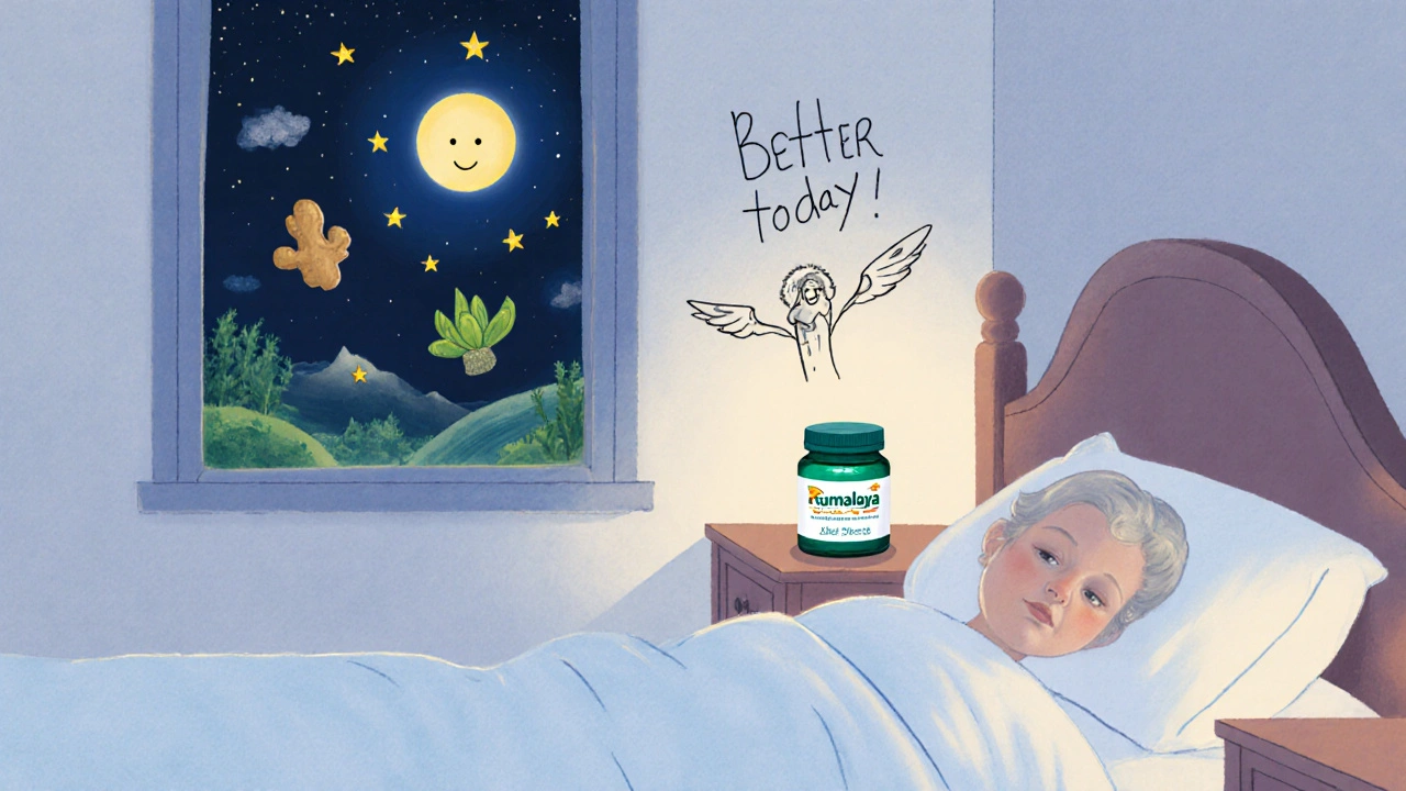 Nighttime scene with Rumalaya Gel glowing on a nightstand, herbal symbols floating toward a sleeping person.