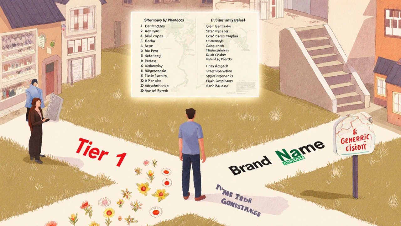 Patient choosing between affordable generic and expensive brand-name drug paths in a whimsical town scene.