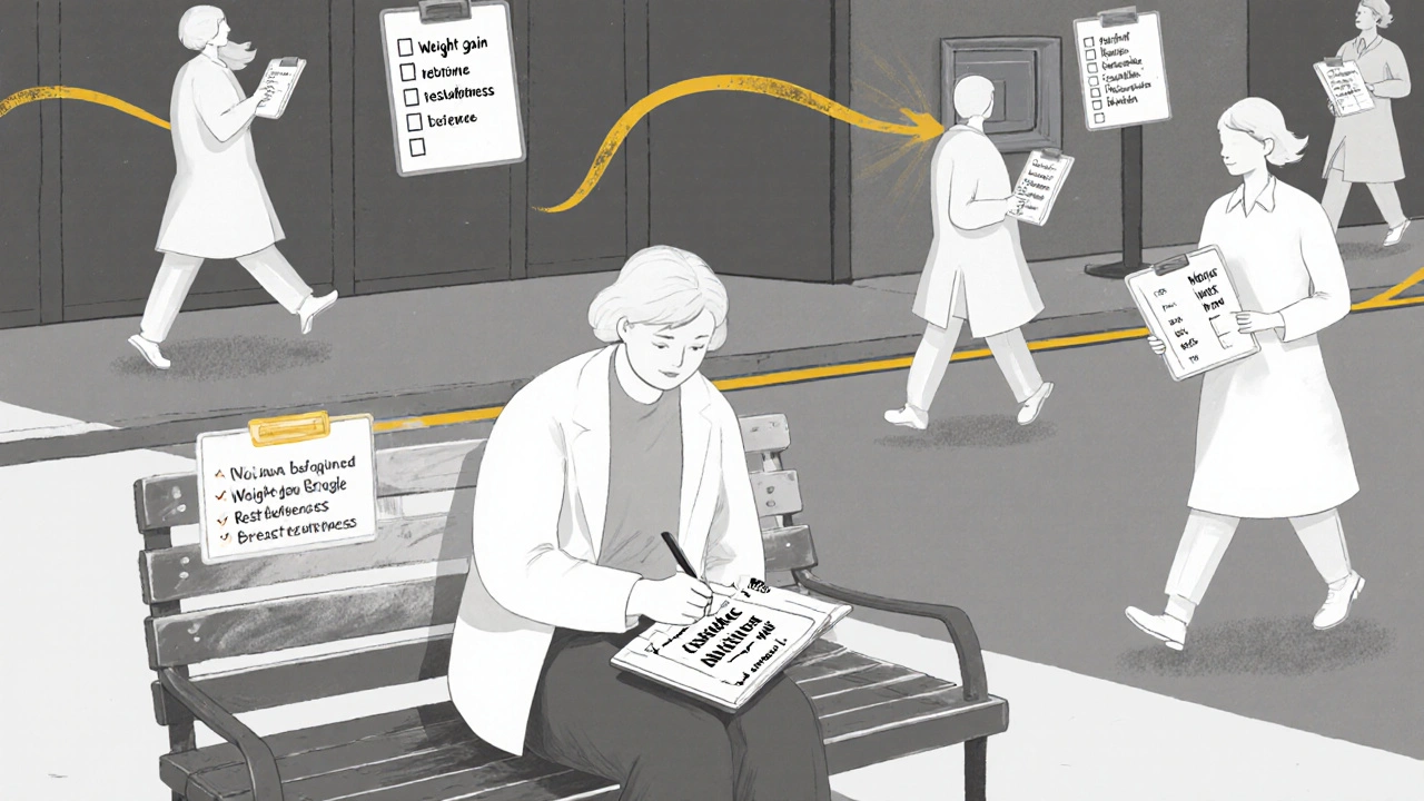 Patient on bench with concerns written down while doctors ignore them, passing by with mood-only clipboards