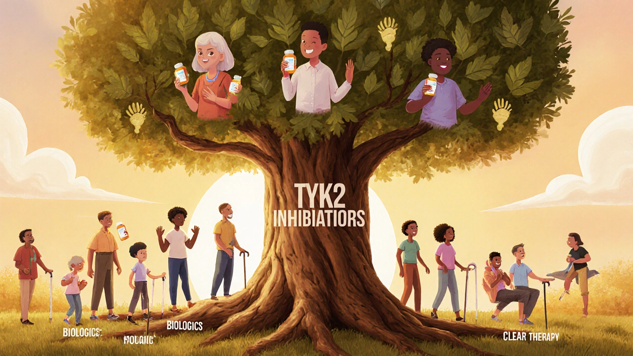 People under a tree with treatment options as roots, showing hope and movement, with clear skin and healthy joints as leaves.