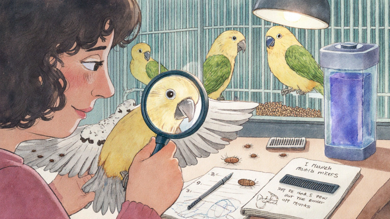 Person using a magnifying glass to check bird feathers for mites, with birds in background showing stress.