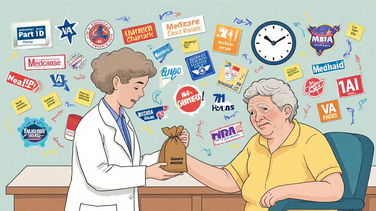 Pharmacist handing a generic medication bag to a resident in a nursing home, with a chaotic wall of insurance plan logos and sticky notes marking formulary rules.