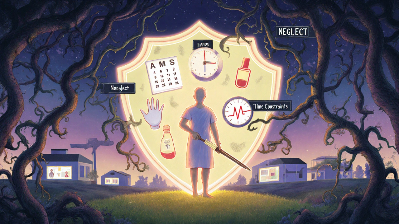 Protective calendar shield guarding patient from neglect vines, with quarterly health icons glowing brightly