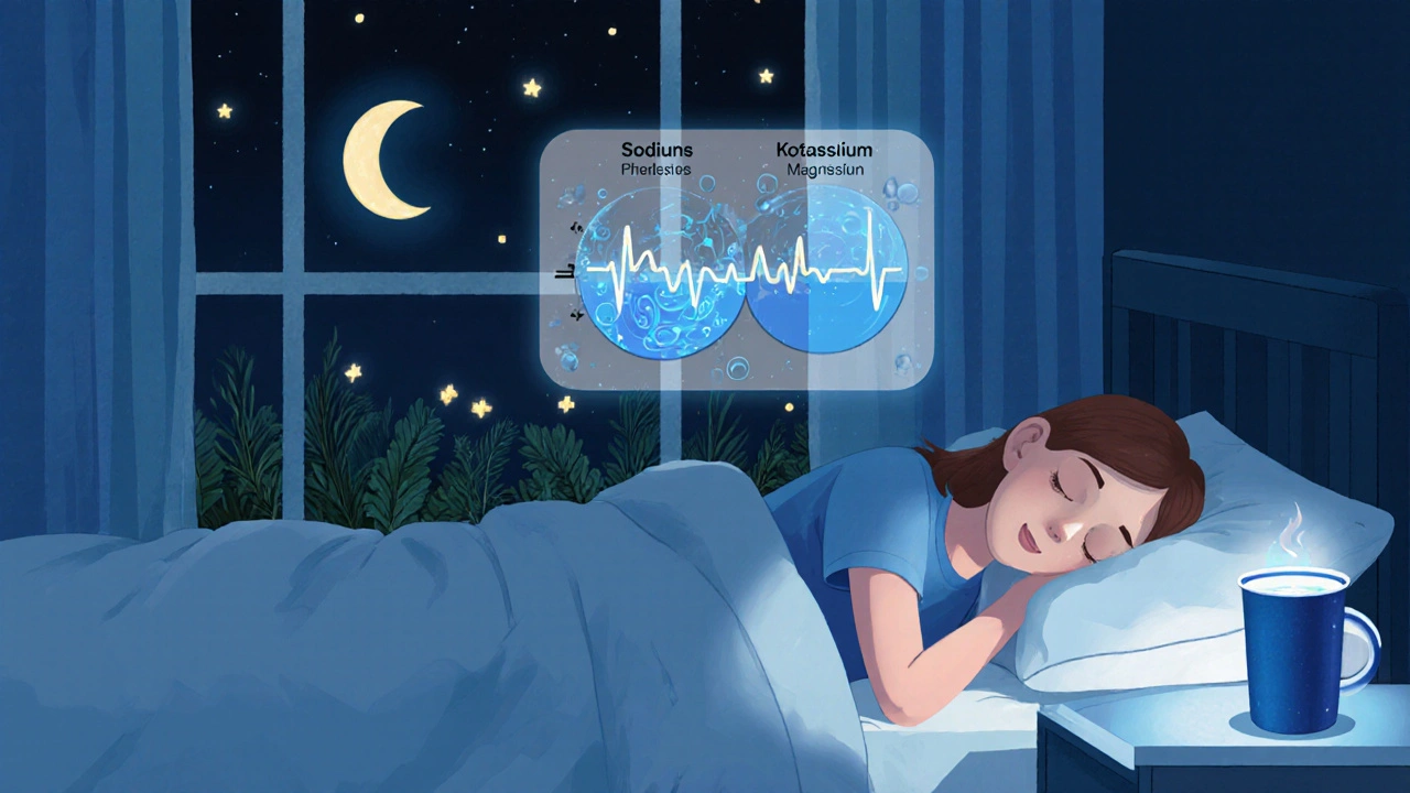 Sleeping person with a glowing smart cup syncing to their heartbeat, electrolytes like fireflies in the air.