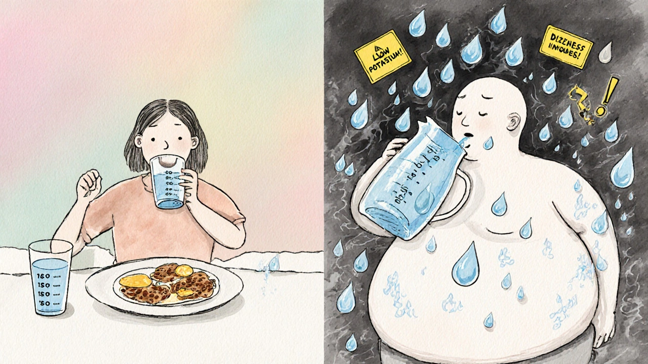 Split scene: calm hydration vs chaotic overdrinking with warning symbols floating around the person.