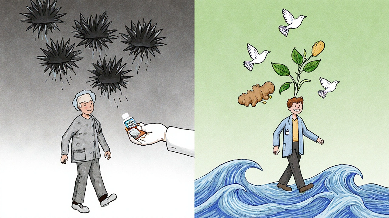 Split scene: one side shows patient frozen by dangerous drugs, other side shows them walking freely with safe alternatives as friendly birds.