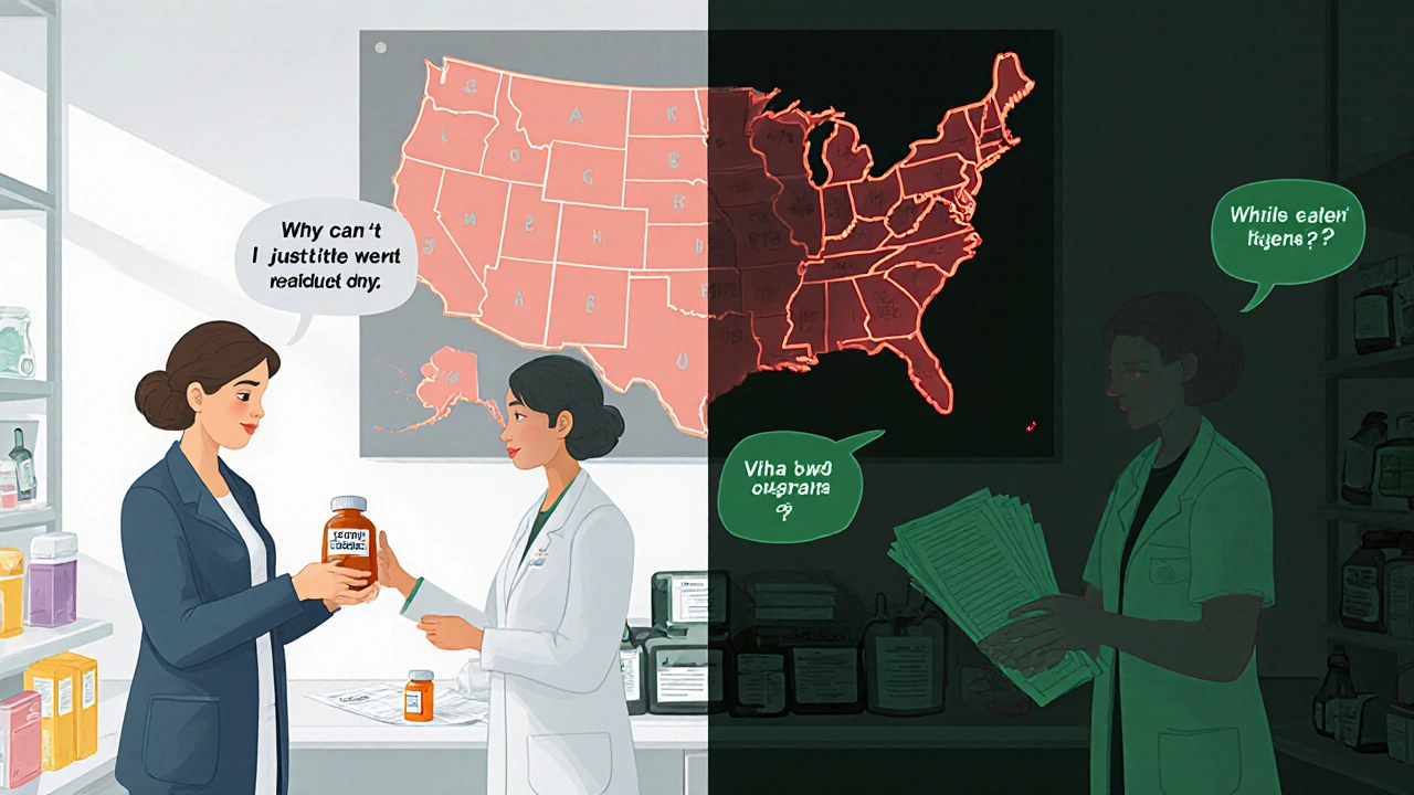 Split scene showing patient receiving generic drug in mandatory state vs. struggling in permissive state