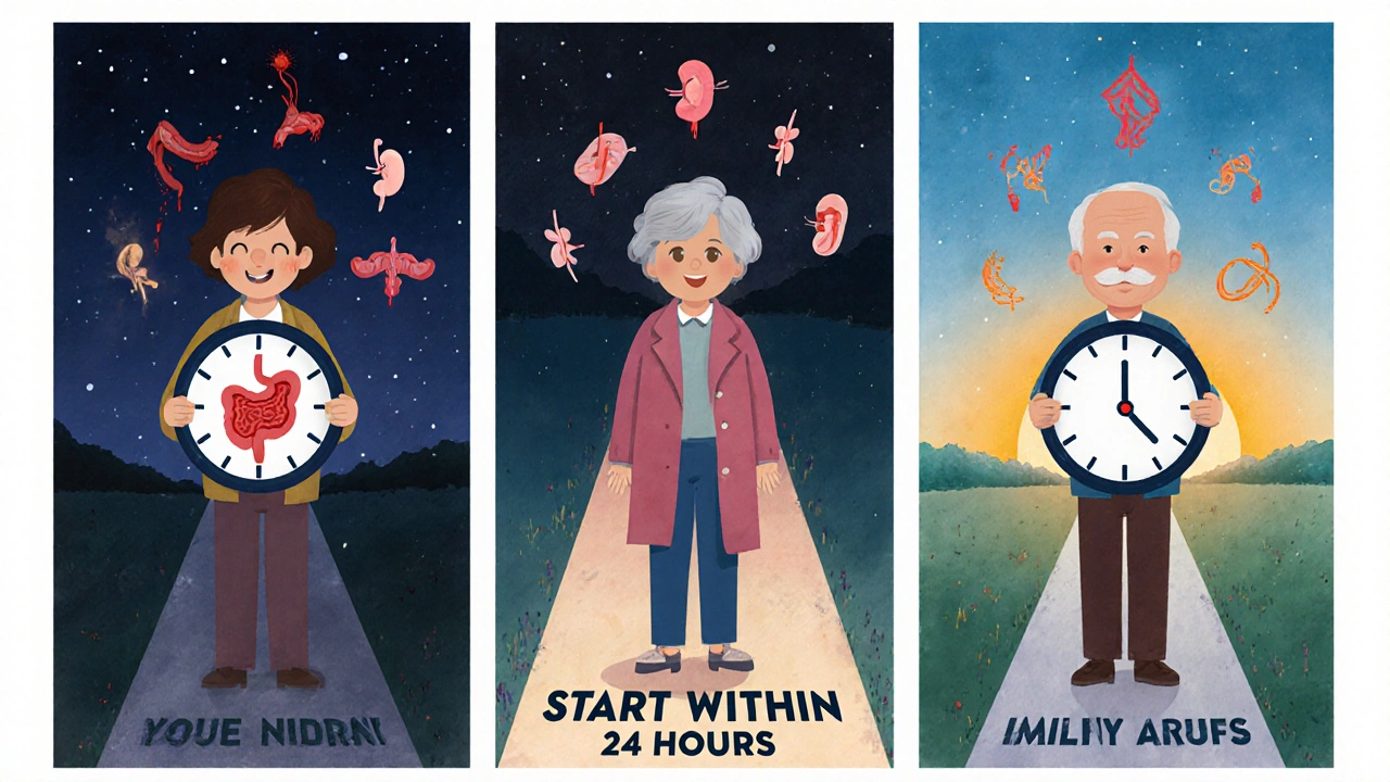 Three people holding different gout treatments, with risk icons above and a ticking clock guiding them toward timely care.