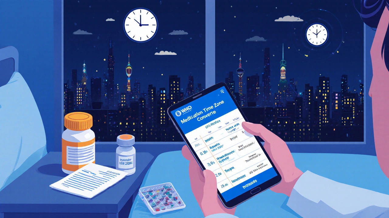 Traveler using phone app to check medication schedule in hotel room with insulin and pill organizer.