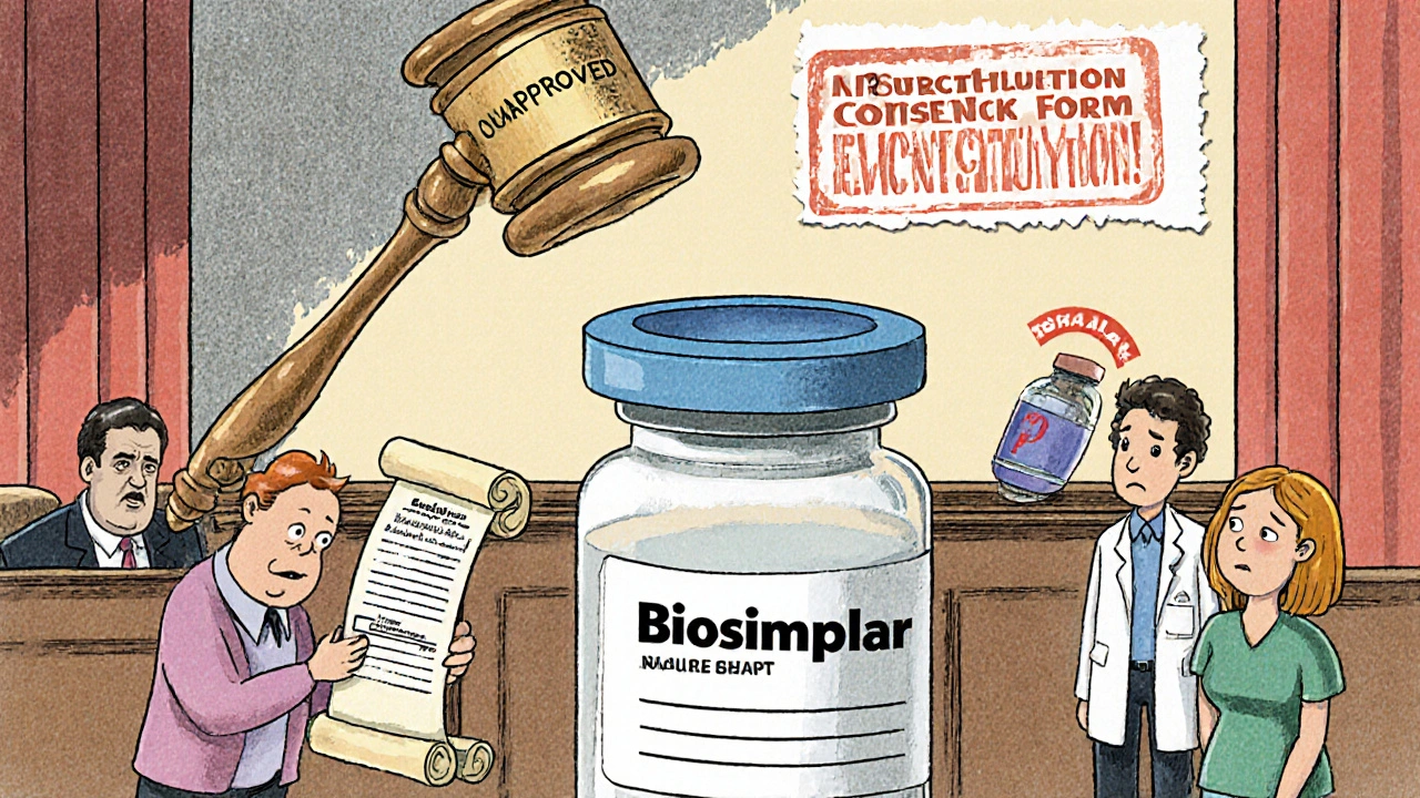 Whimsical courtroom scene with biosimilar vial, consent forms, and conflicting legal stamps