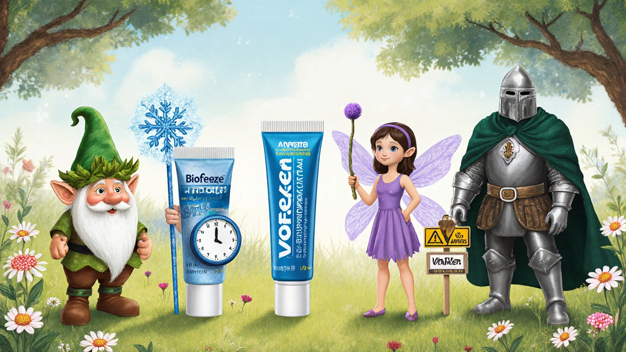 Whimsical storybook scene with four magical gel characters representing different pain relief types in a meadow.
