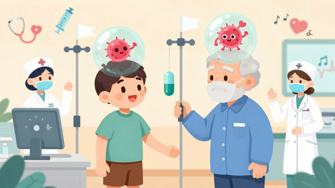 A child and elderly man undergoing desensitization, with immune cells waving white flags and friendly medical dials.