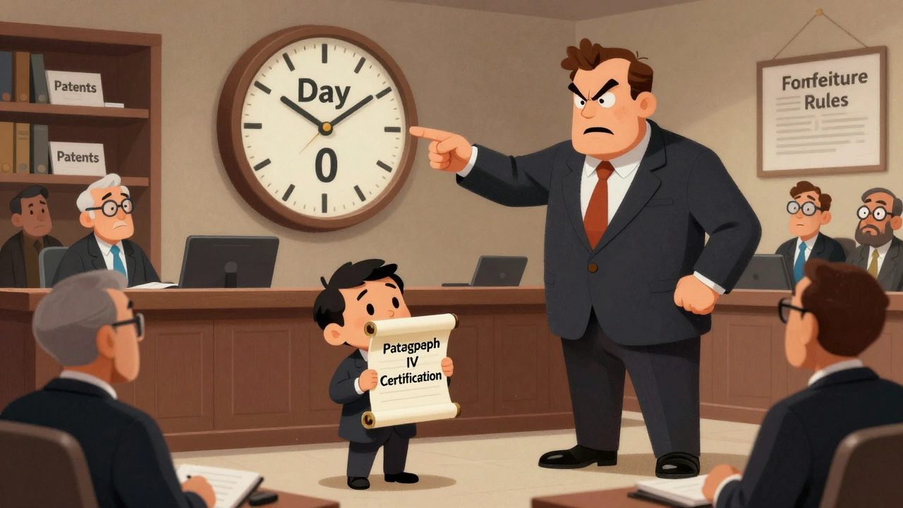 A courtroom scene with a generic drug lawyer winning a patent challenge while a giant clock is frozen.