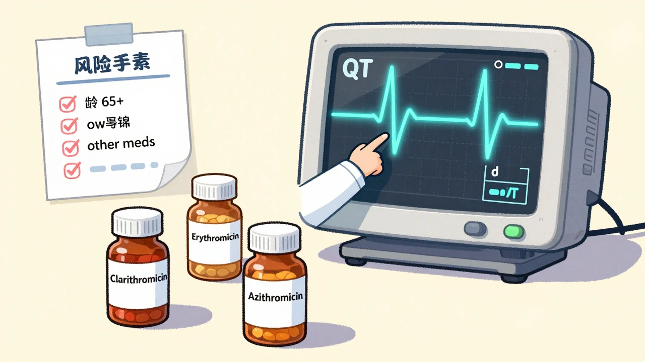 A doctor explains QT prolongation risks using an ECG monitor and three antibiotic bottles in a gentle illustrated scene.
