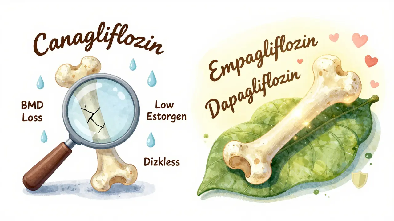 A fragile bone with warning symbols on one side, a strong glowing bone with protective icons on the other.
