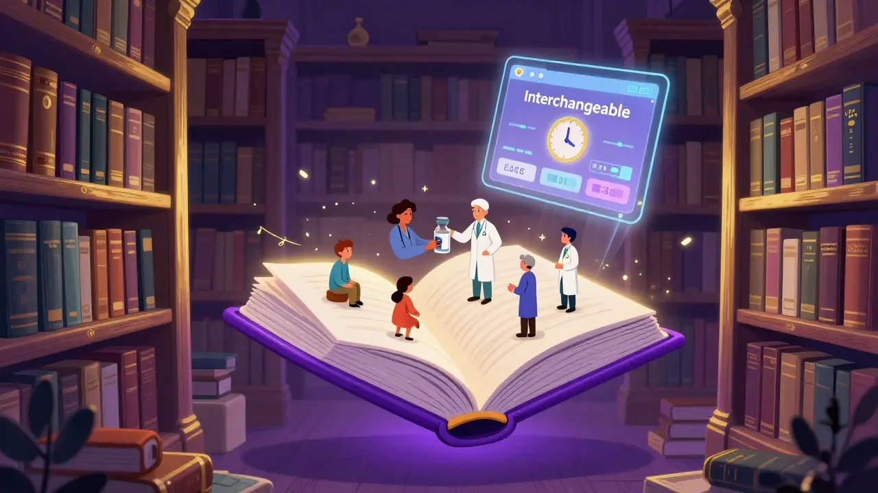 A glowing purple book in a magical library showing patients and doctors exchanging a biosimilar vial.