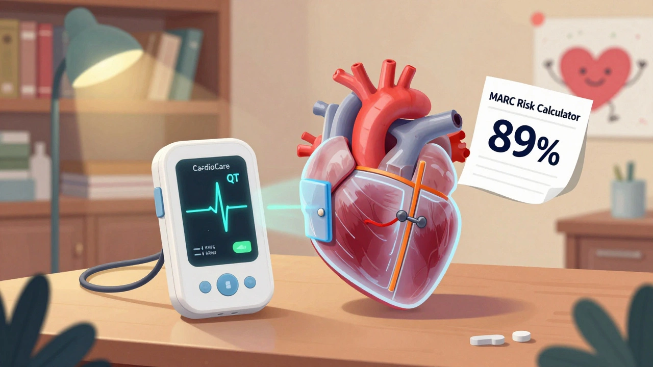 A handheld device measures heart rhythm while a transparent heart shows blocked channels, in a warm clinic setting.