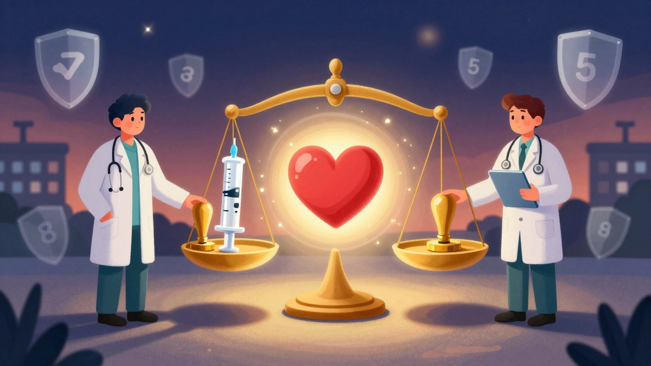 A magical scale balancing chemotherapy and a heart, with two clinicians placing verification stamps from opposite sides.