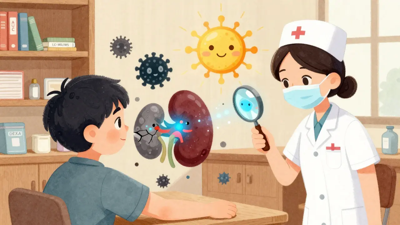 A nurse using a magnifying glass to protect healthy kidneys from infection and rejection shadows.