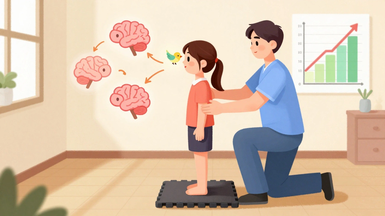 A patient doing vestibular rehab exercises with a therapist, surrounded by brain retraining symbols in soft pastels.