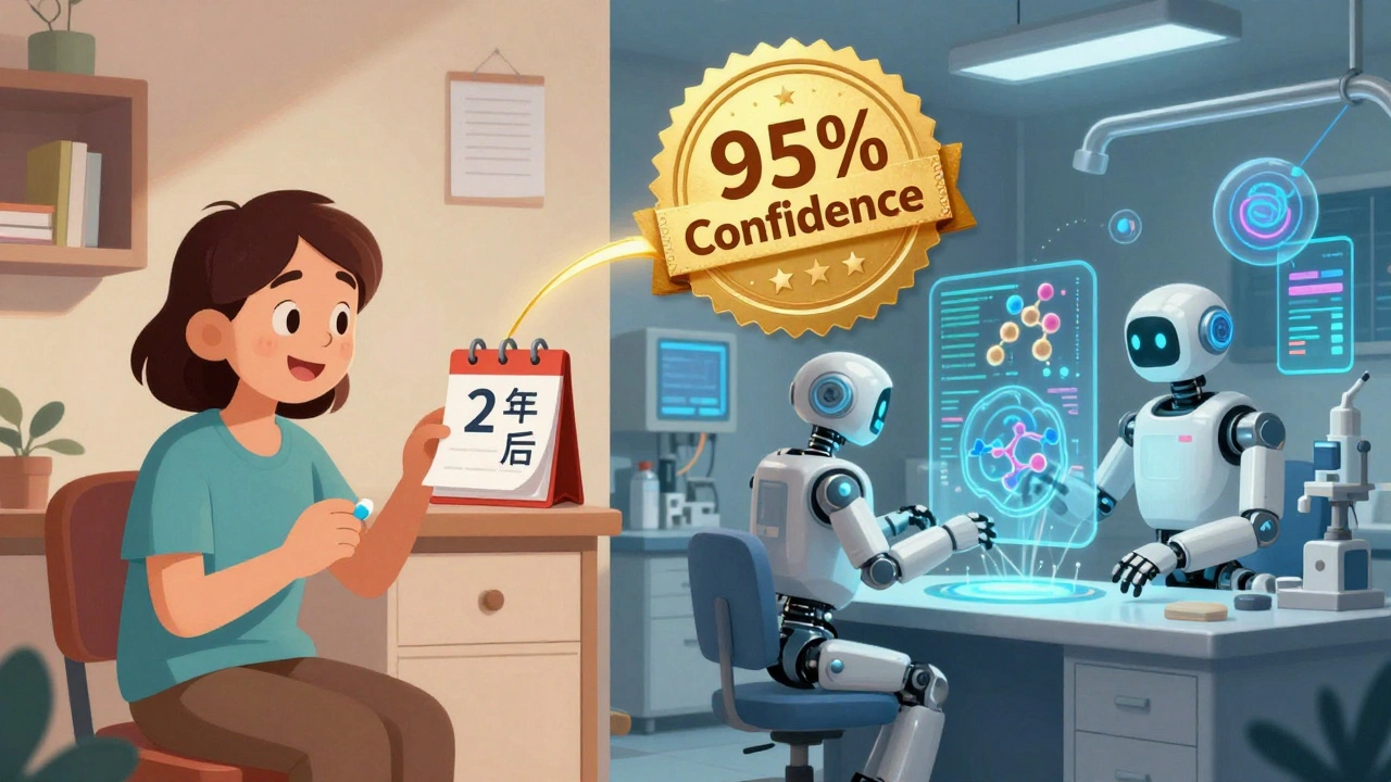 A patient taking medicine at home connected by a golden thread to a lab where AI analyzes drug stability data.