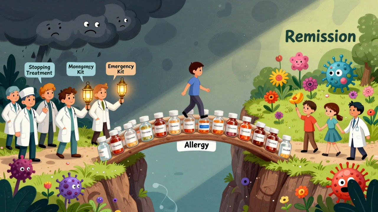 A patient walking across a bridge of medicine bottles to reach remission, watched over by doctors with lanterns.