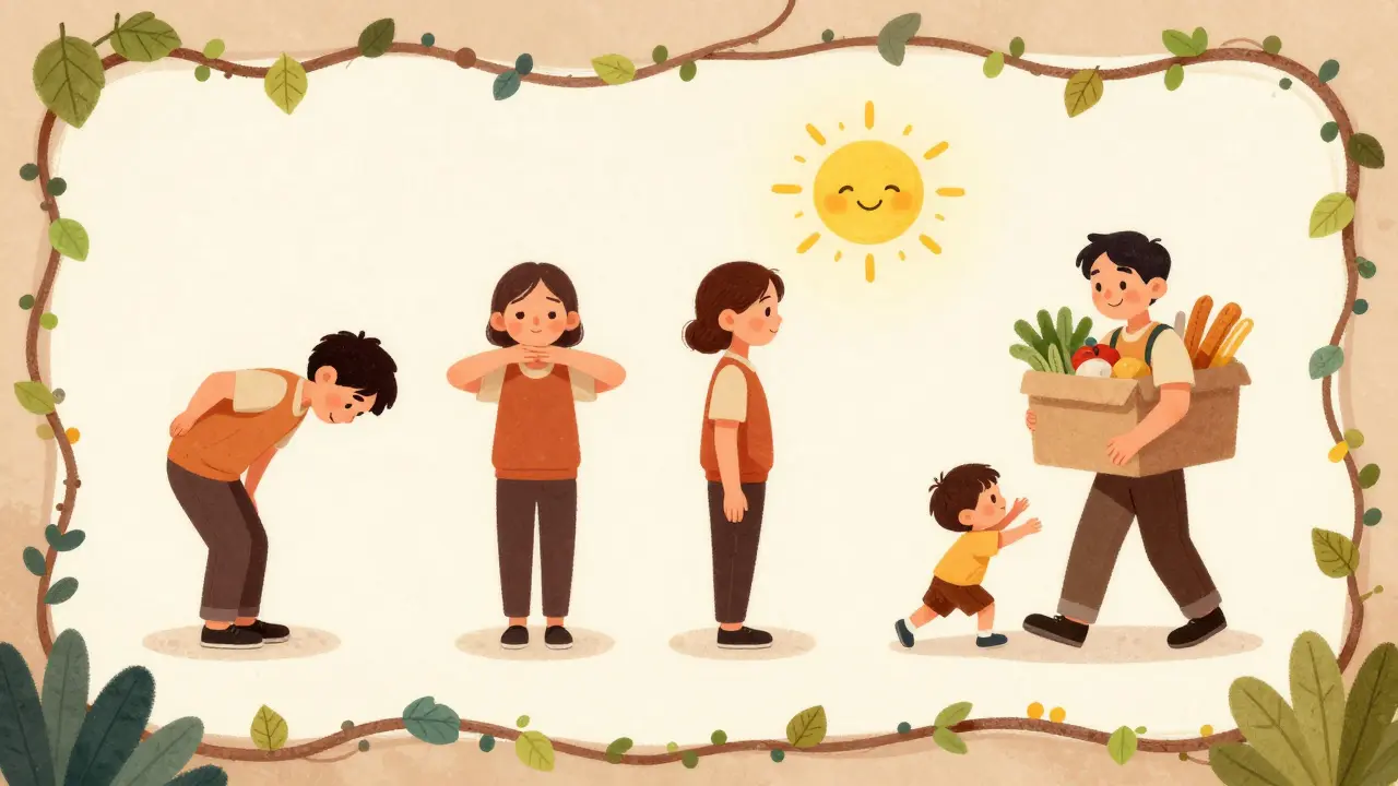 A person's journey from pain to movement, shown in a storybook timeline with daily exercises and joyful activities.