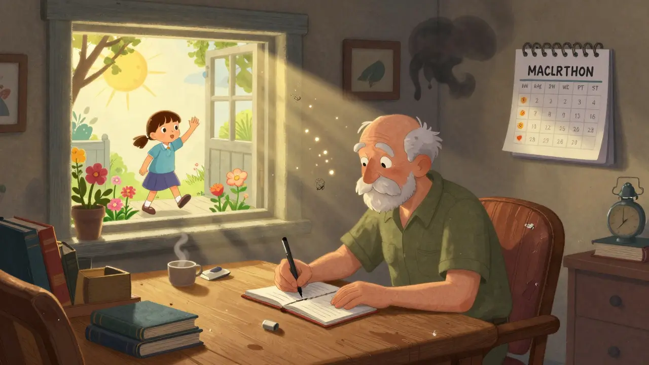 A person rewriting a nightmare into a peaceful scene of their daughter waving from a sunlit porch.