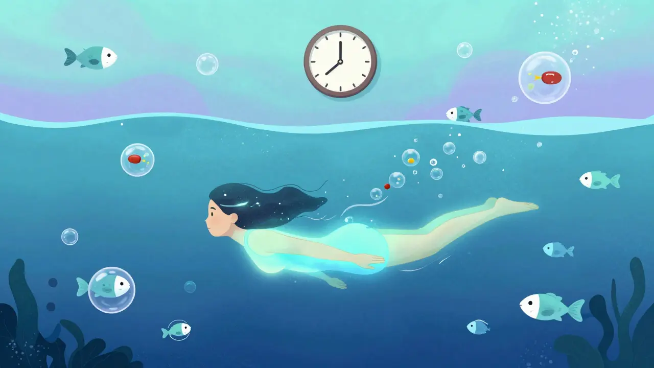 A person swimming underwater with glowing endorphin bubbles, symbolizing natural pain relief.