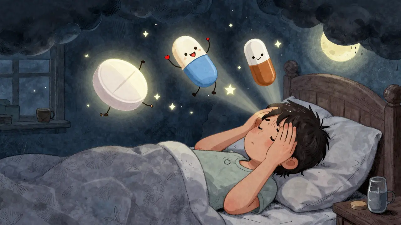 A person with a migraine is soothed by floating cartoon pills of acetaminophen, aspirin, and caffeine.