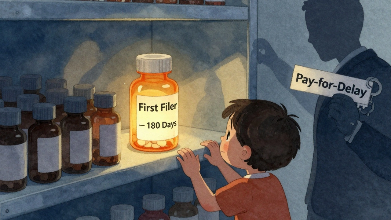 A pharmacy shelf with one glowing generic pill bottle blocking others, a child reaches up helplessly.
