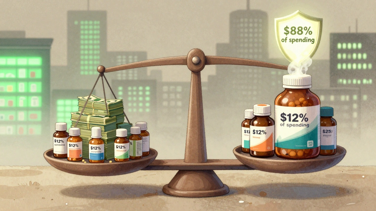 A scale balances 90 generic pills against 10 brand-name pills, showing how generics account for most prescriptions but little spending.