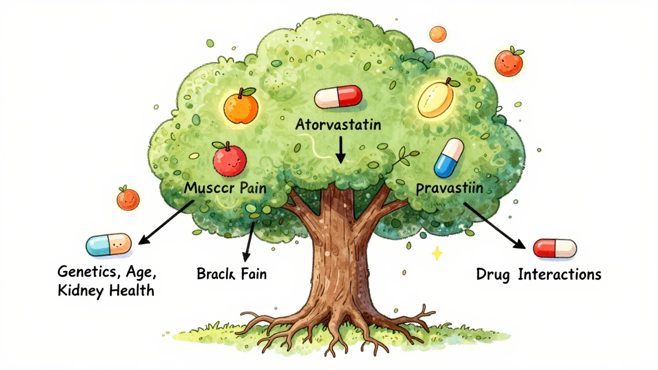 A tree-shaped flowchart showing how genetics and health affect statin side effects, with pill characters on each branch and CoQ10 as glowing fruit.
