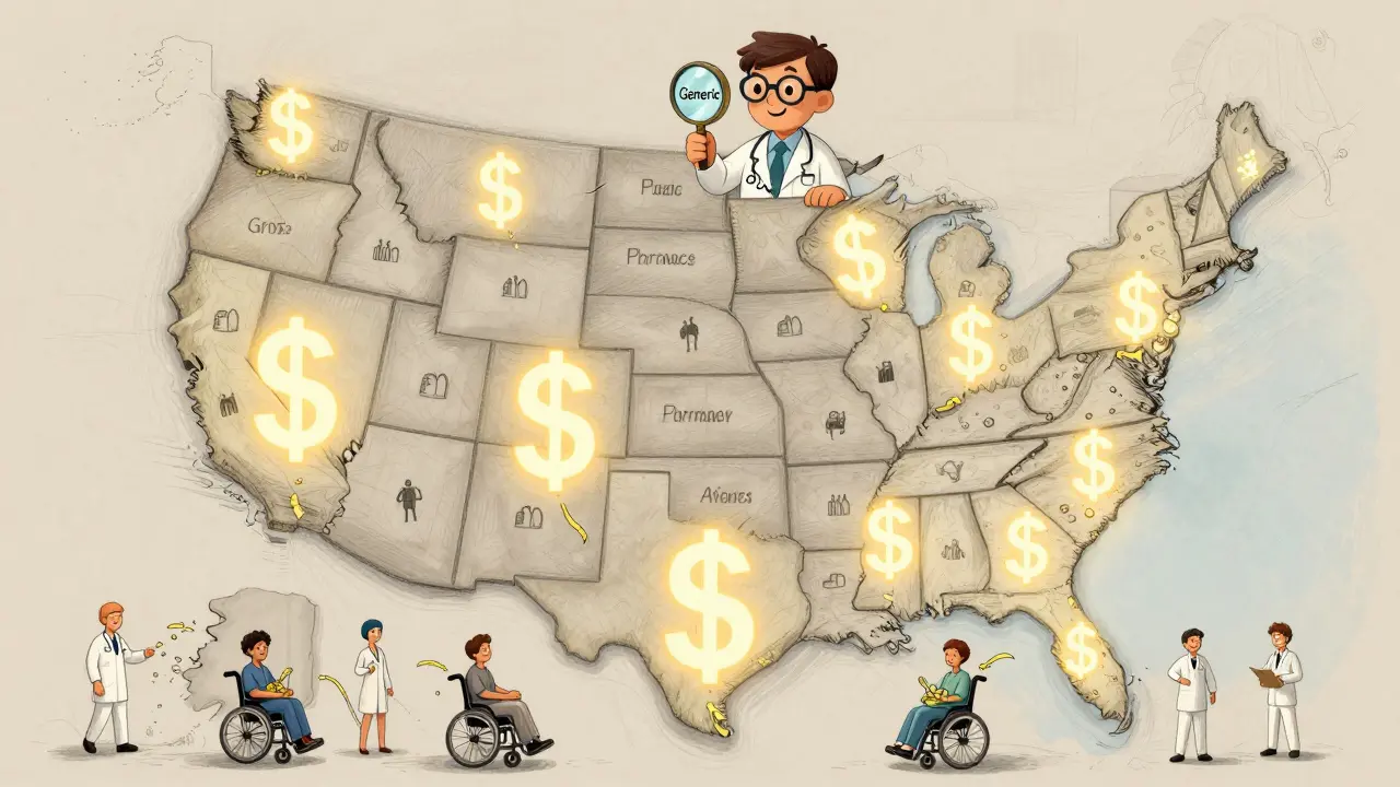 A U.S. map glowing with savings flowing from pharmacies into every state in storybook style.