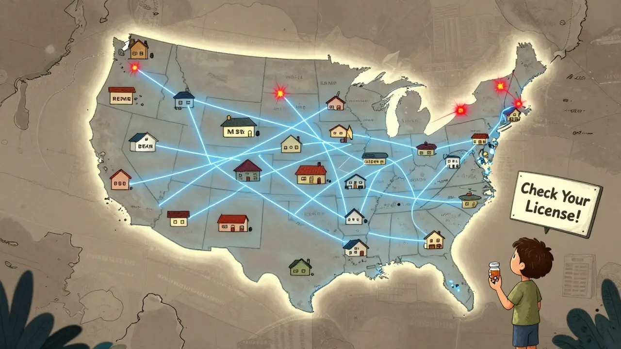 A U.S. map with warning sparks from foreign servers and protective blue lines connecting state boards and DEA.