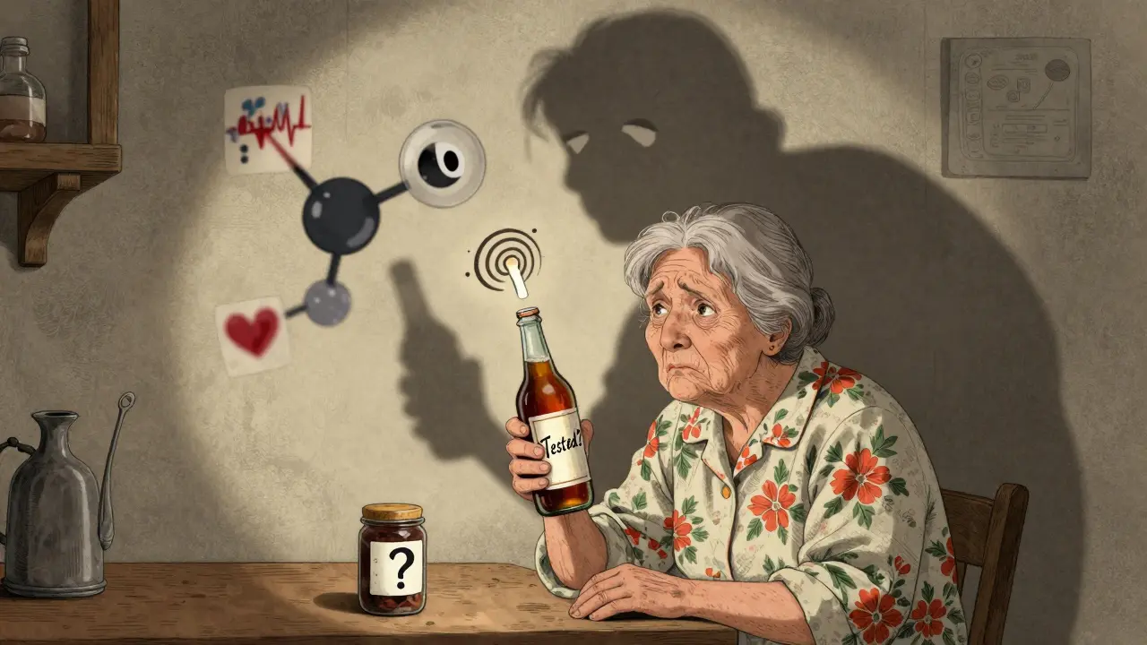 An elderly woman holding kombucha as a giant alcohol molecule looms behind her with medical warning icons.