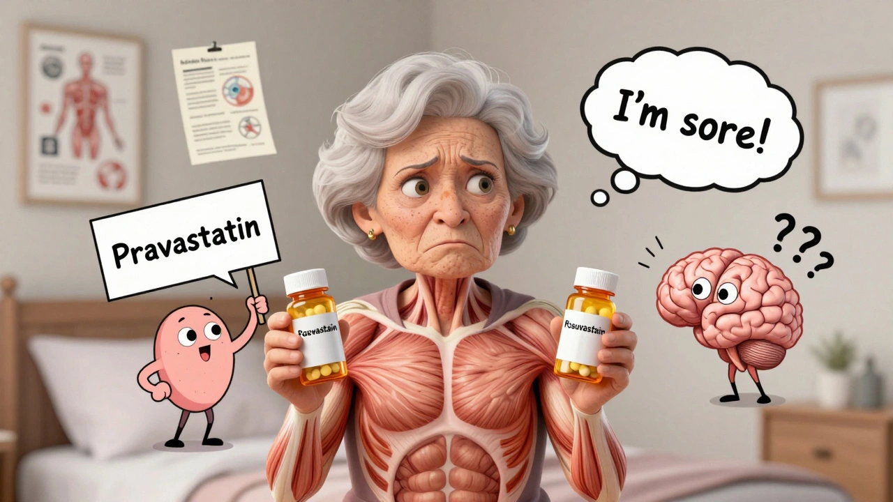 An elderly woman holding two statin pills while her muscles and brain argue, in a soft bedroom setting with floating medical charts.