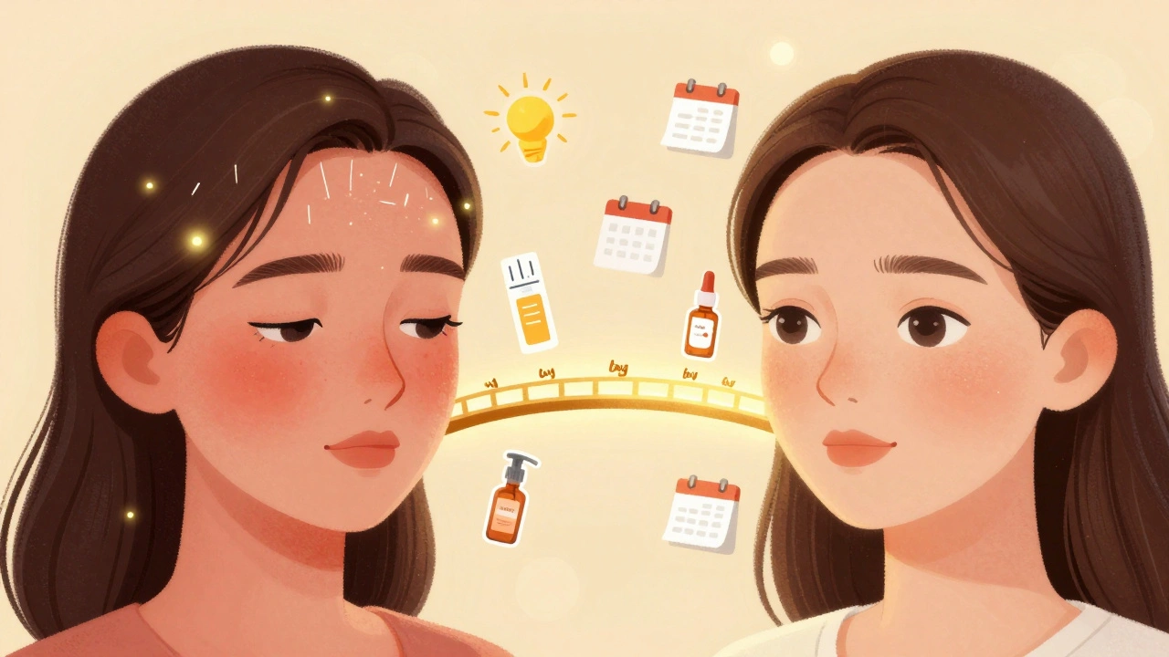 Before and after skin transformation connected by golden light, with skincare icons floating around.