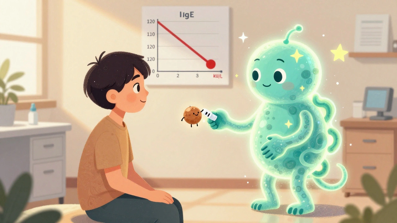 Child taking allergy drops as a friendly immune system shakes hands with a smiling pollen grain, IgE levels dropping on a wall chart.