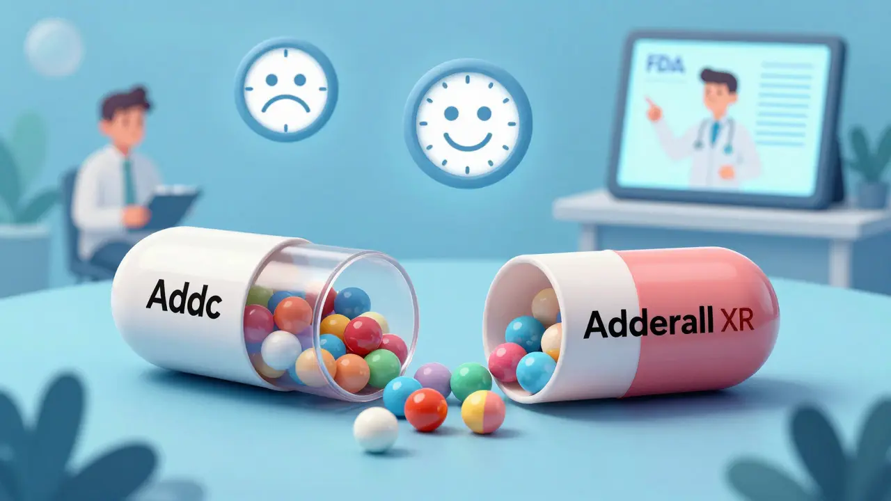 Cross-section of identical beads inside brand-name and authorized generic capsules, with icons showing consistent vs inconsistent effects.