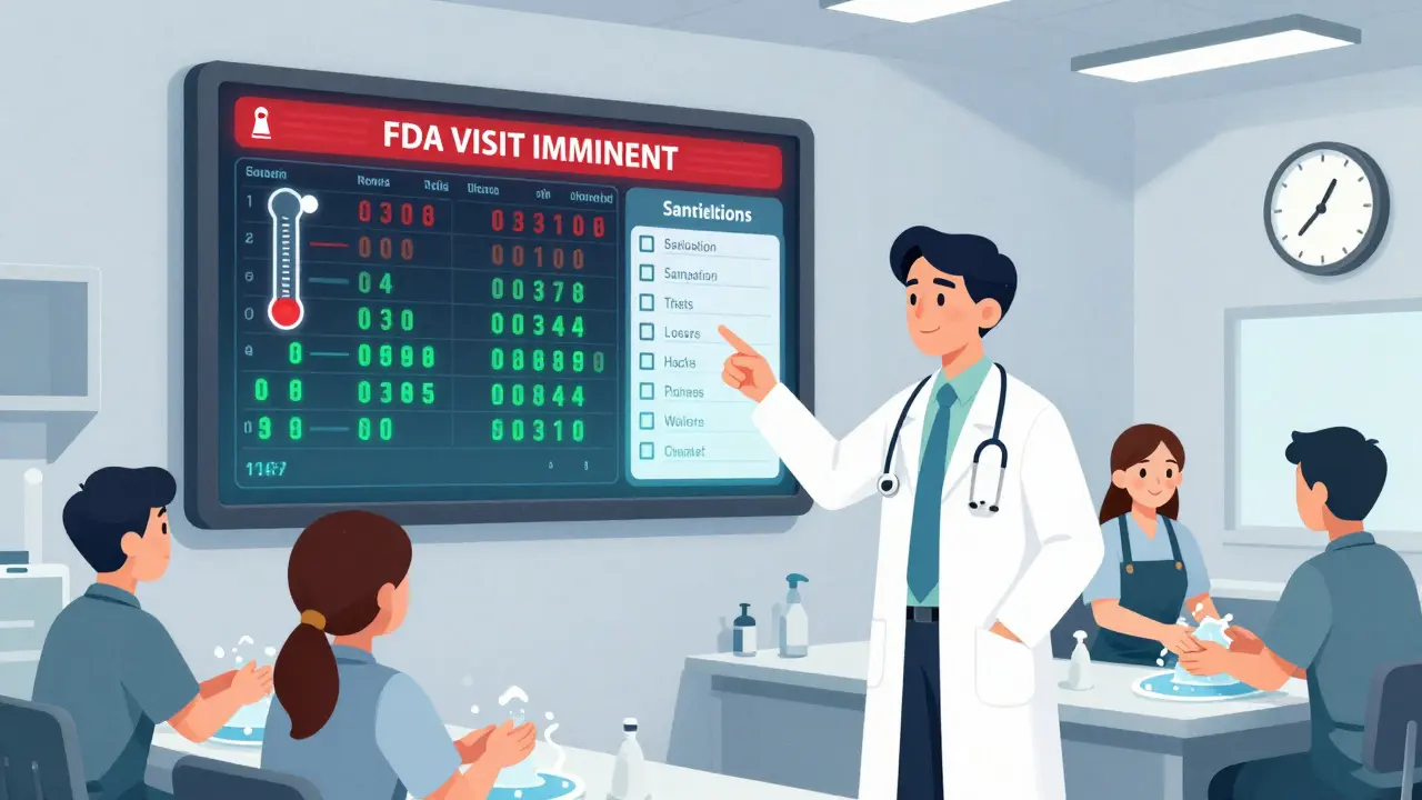 Digital dashboard displays real-time food safety data as staff practice daily readiness for unannounced FDA inspections.