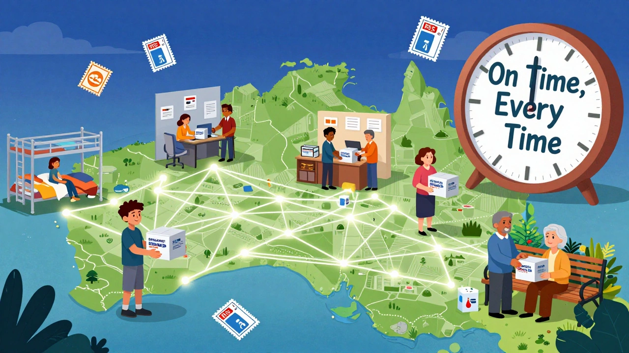 Diverse group receives medicine deliveries in different settings connected by delivery routes.